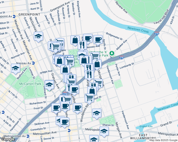 map of restaurants, bars, coffee shops, grocery stores, and more near 150 Kingsland Avenue in Brooklyn