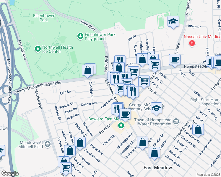 map of restaurants, bars, coffee shops, grocery stores, and more near E Meadow Ave & Gerald Ave in East Meadow