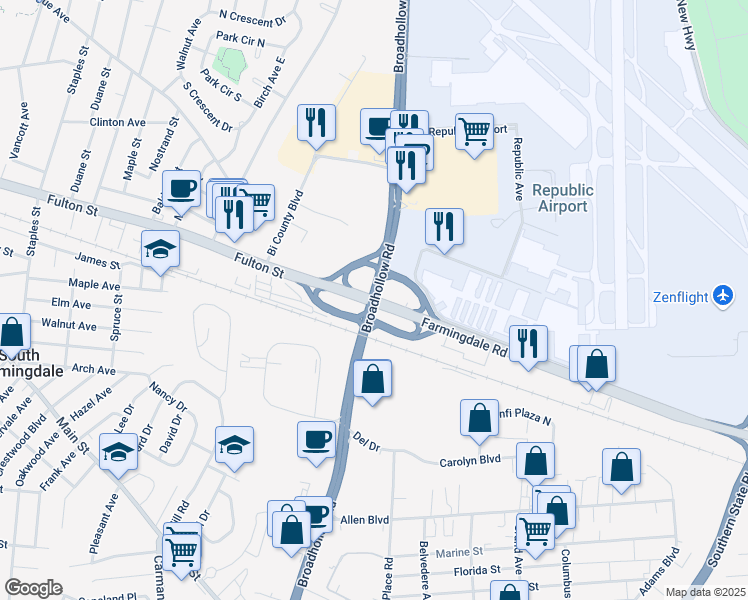 map of restaurants, bars, coffee shops, grocery stores, and more near 595 Broadhollow Road in Farmingdale