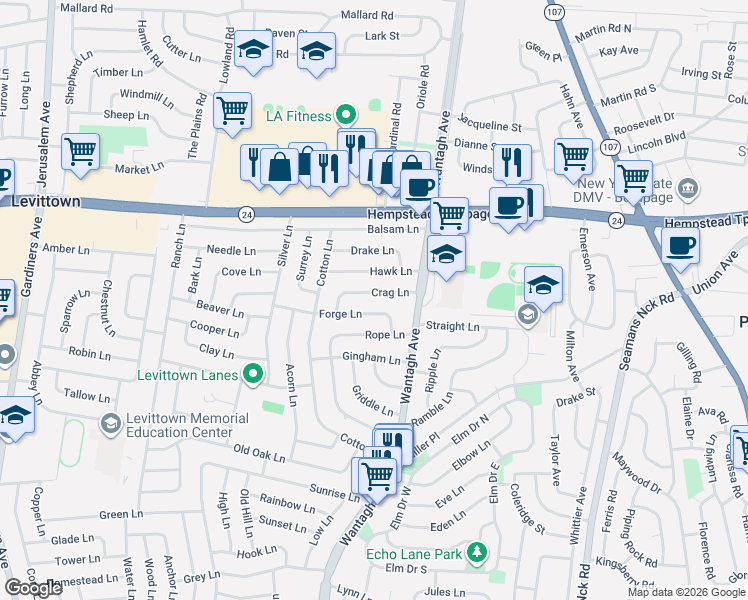 map of restaurants, bars, coffee shops, grocery stores, and more near 62 Forge Lane in Levittown