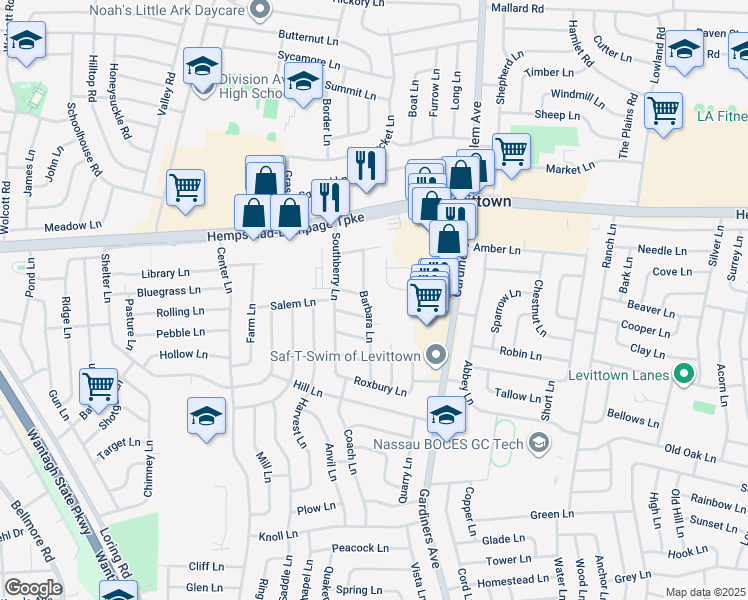 map of restaurants, bars, coffee shops, grocery stores, and more near in Levittown