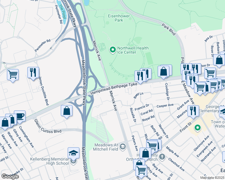 map of restaurants, bars, coffee shops, grocery stores, and more near 39 Merrick Avenue in East Meadow