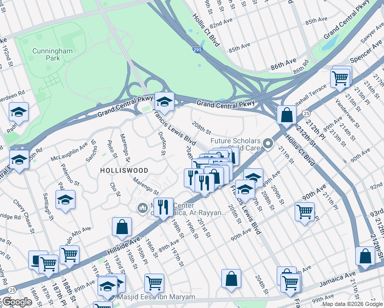 map of restaurants, bars, coffee shops, grocery stores, and more near 87-50 204th Street in Queens
