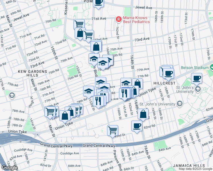 map of restaurants, bars, coffee shops, grocery stores, and more near 158-17 78th Road in Queens