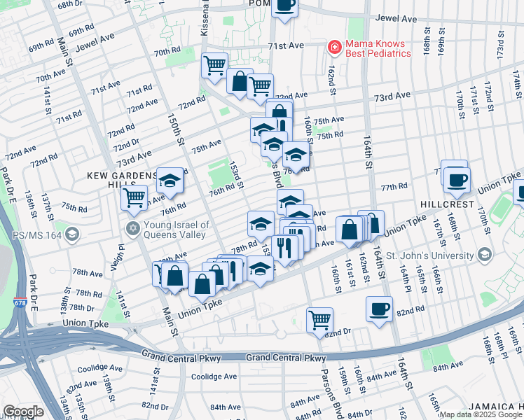 map of restaurants, bars, coffee shops, grocery stores, and more near 150-65 78th Avenue in Queens