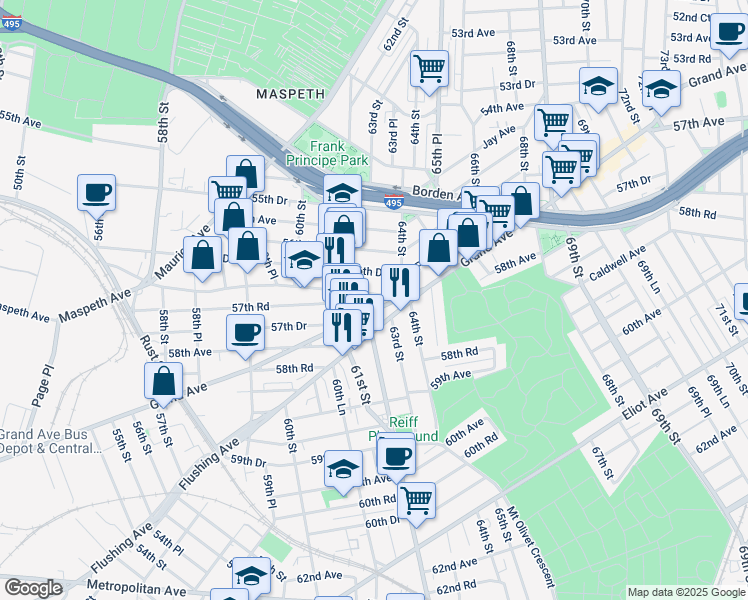 map of restaurants, bars, coffee shops, grocery stores, and more near 61-24 Grand Avenue in Queens