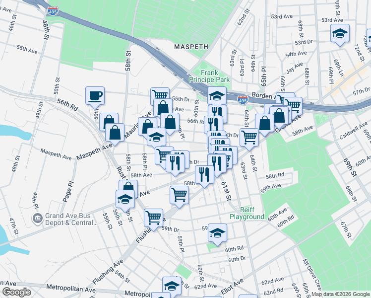 map of restaurants, bars, coffee shops, grocery stores, and more near 59-49 57th Drive in Queens