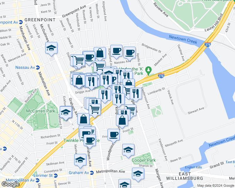 map of restaurants, bars, coffee shops, grocery stores, and more near 150 Kingsland Avenue in Brooklyn