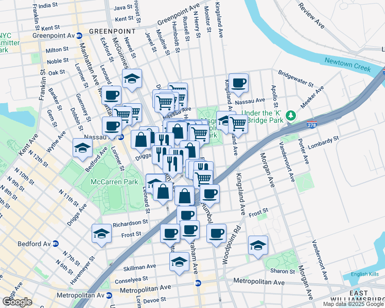 map of restaurants, bars, coffee shops, grocery stores, and more near 38 Broome Street in Brooklyn