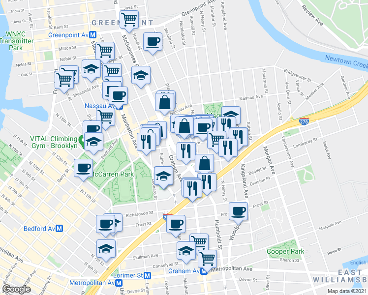 map of restaurants, bars, coffee shops, grocery stores, and more near 38 Broome Street in Brooklyn