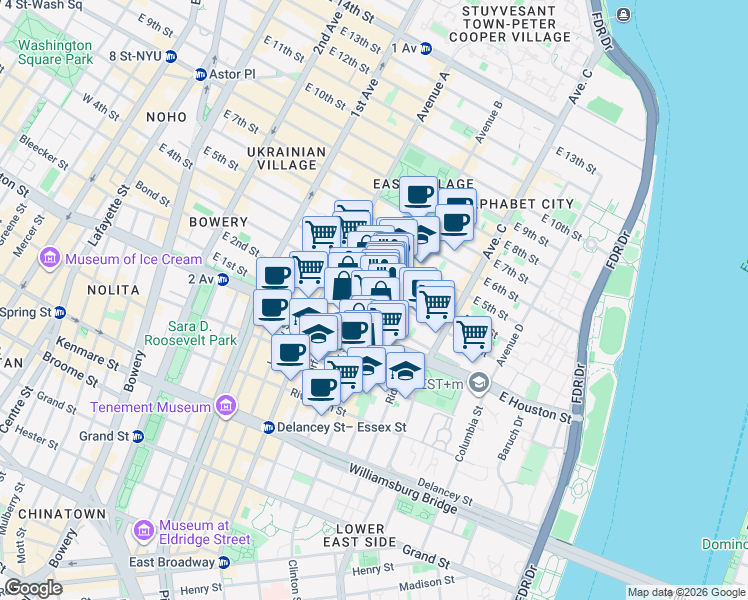 map of restaurants, bars, coffee shops, grocery stores, and more near 210 East 2nd Street in New York