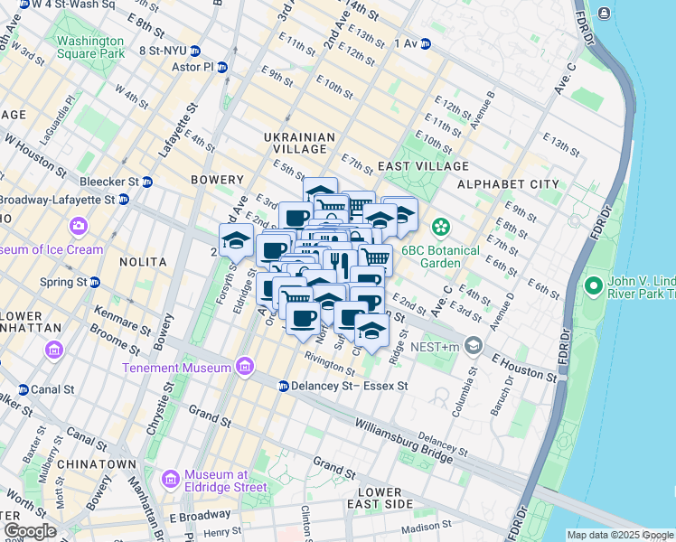 map of restaurants, bars, coffee shops, grocery stores, and more near 11 A Avenue in New York