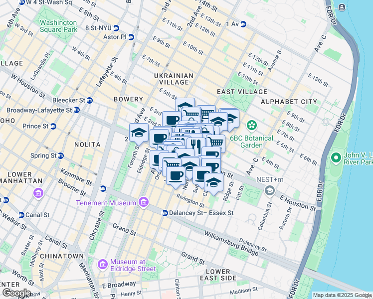 map of restaurants, bars, coffee shops, grocery stores, and more near 6 Avenue A in New York