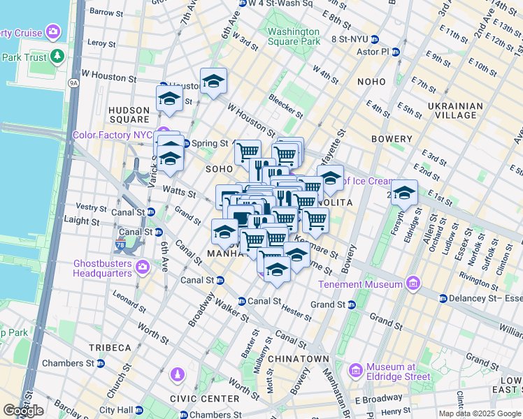 map of restaurants, bars, coffee shops, grocery stores, and more near 494 Broadway in New York