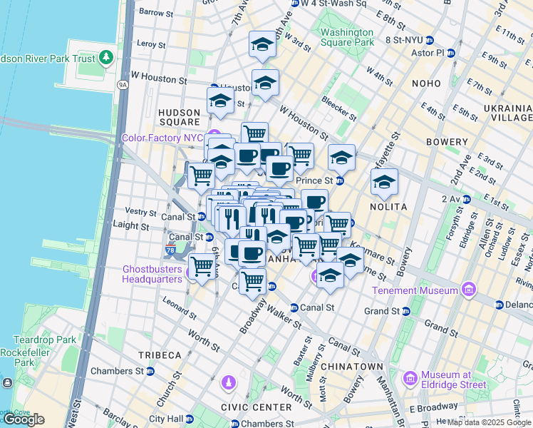 map of restaurants, bars, coffee shops, grocery stores, and more near 78 Grand Street in New York