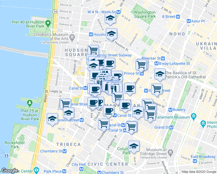 map of restaurants, bars, coffee shops, grocery stores, and more near 78 Grand Street in New York