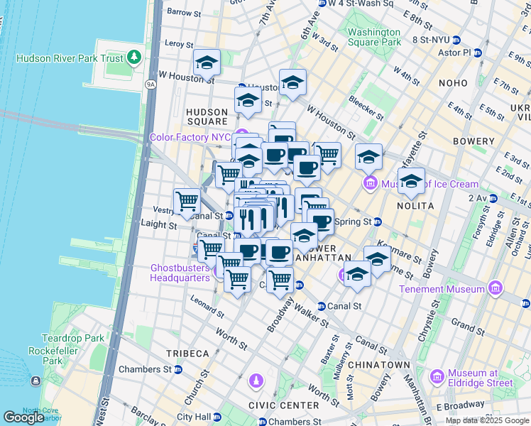 map of restaurants, bars, coffee shops, grocery stores, and more near 323 West Broadway in New York