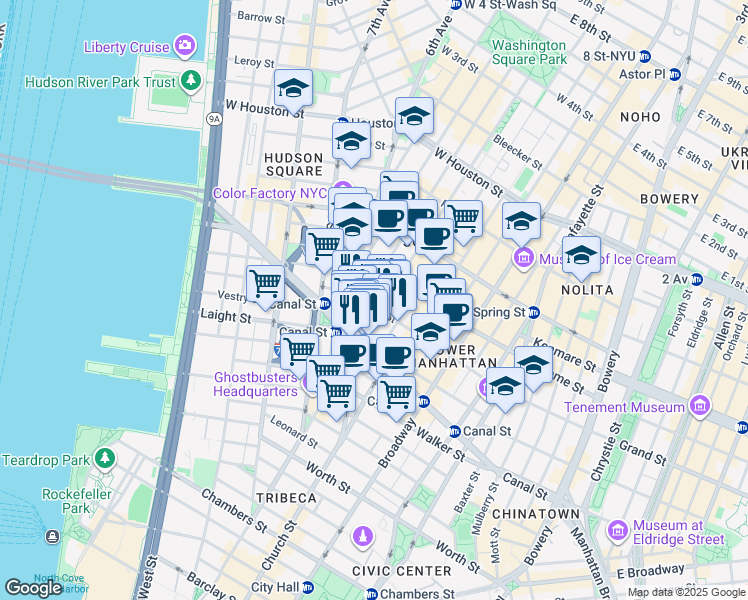 map of restaurants, bars, coffee shops, grocery stores, and more near 323 West Broadway in New York