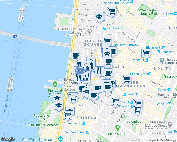 map of restaurants, bars, coffee shops, grocery stores, and more near 45 Laight Street in New York