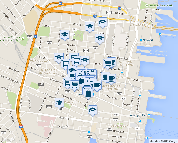 map of restaurants, bars, coffee shops, grocery stores, and more near 373 Manila Avenue in Jersey City