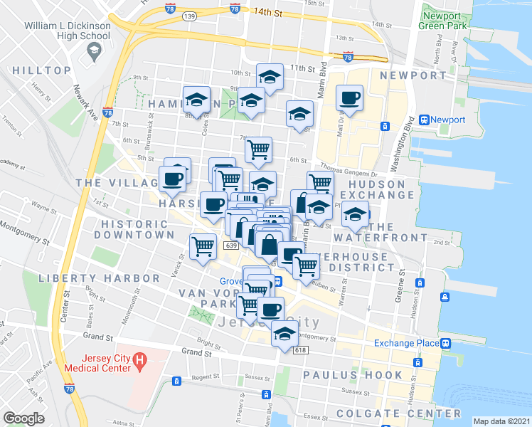 map of restaurants, bars, coffee shops, grocery stores, and more near 373 Manila Avenue in Jersey City