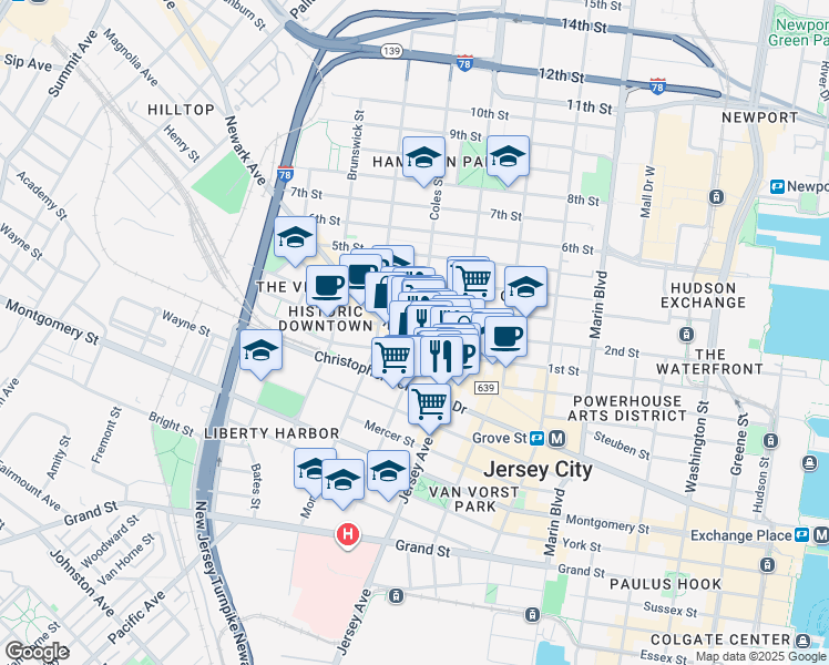 map of restaurants, bars, coffee shops, grocery stores, and more near 240 County Road 639 in Jersey City