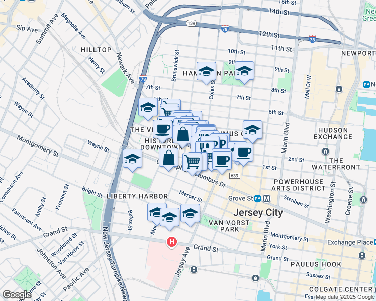 map of restaurants, bars, coffee shops, grocery stores, and more near 327 1st Street in Jersey City