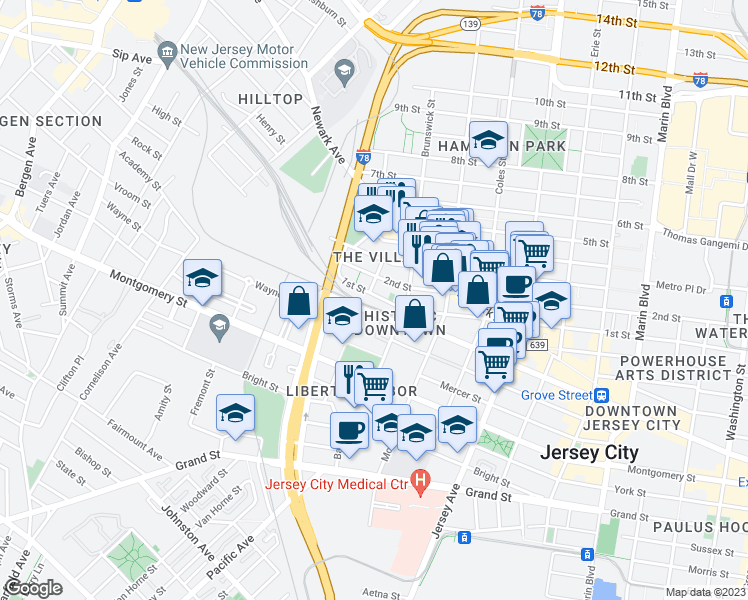 map of restaurants, bars, coffee shops, grocery stores, and more near in Jersey City