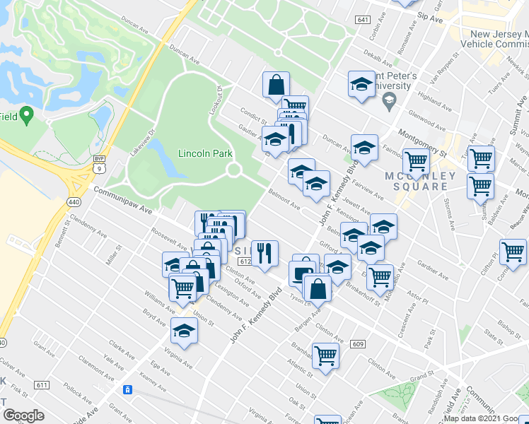 map of restaurants, bars, coffee shops, grocery stores, and more near 128 Bentley Avenue in Jersey City