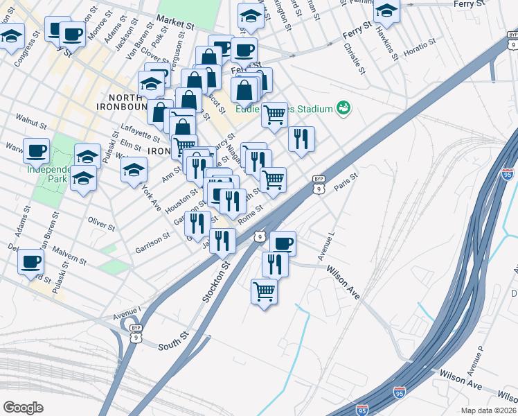 map of restaurants, bars, coffee shops, grocery stores, and more near 23-37 Rome Street in Newark