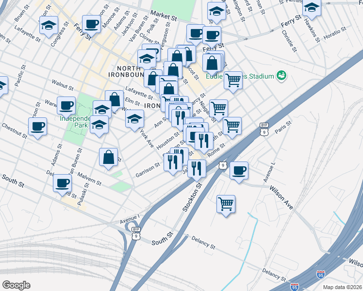 map of restaurants, bars, coffee shops, grocery stores, and more near 120 Gotthardt Street in Newark