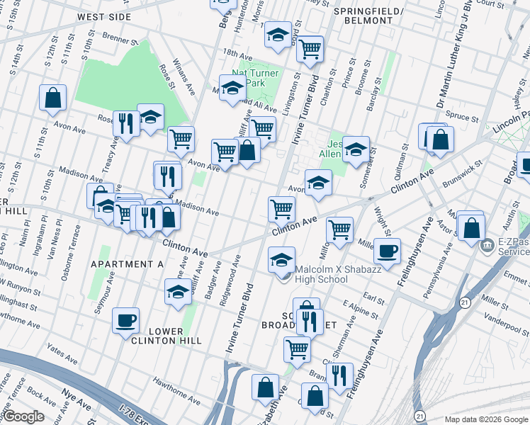 map of restaurants, bars, coffee shops, grocery stores, and more near 353 Clinton Avenue in Newark