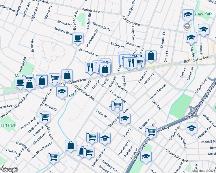 map of restaurants, bars, coffee shops, grocery stores, and more near 71 40th Street in Irvington
