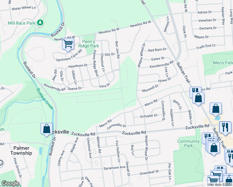 map of restaurants, bars, coffee shops, grocery stores, and more near 2249 Mitman Road in Easton