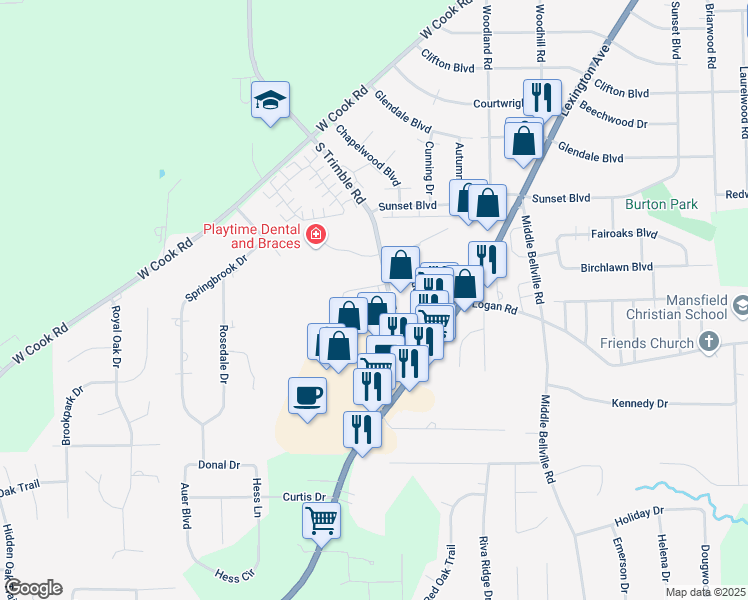 map of restaurants, bars, coffee shops, grocery stores, and more near 1296 North Trimble Road in Mansfield