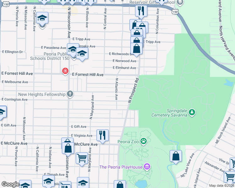 map of restaurants, bars, coffee shops, grocery stores, and more near 1207 East Corrington Avenue in Peoria