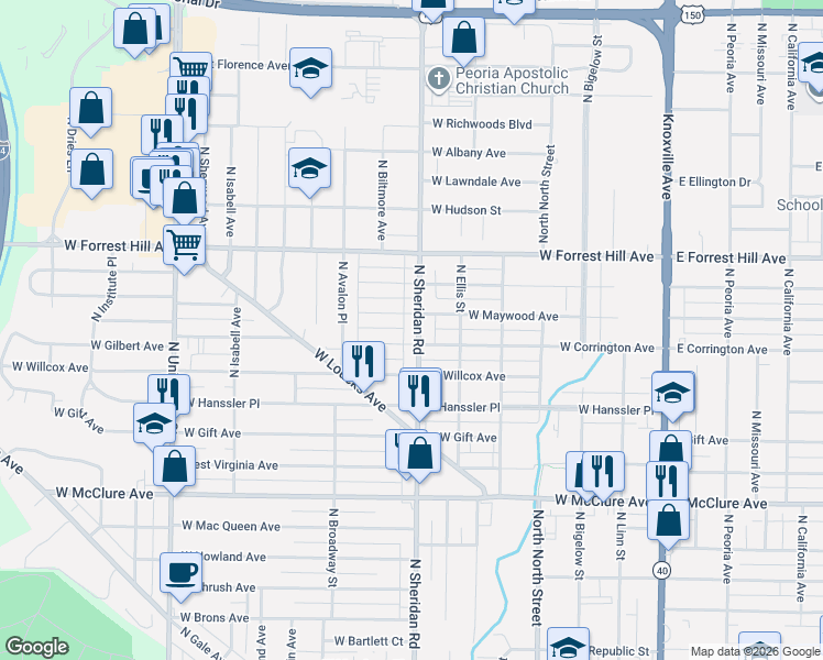 map of restaurants, bars, coffee shops, grocery stores, and more near 712 West Corrington Avenue in Peoria