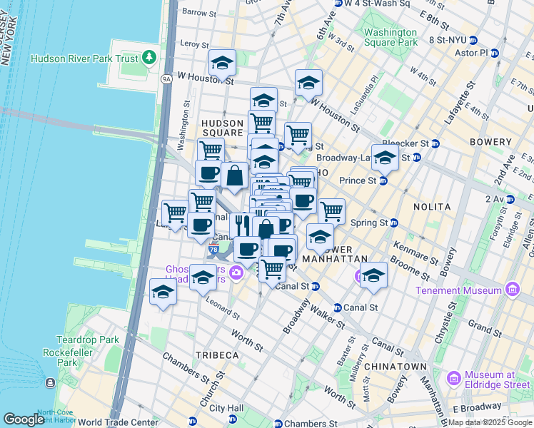 map of restaurants, bars, coffee shops, grocery stores, and more near 27 Grand Street in New York