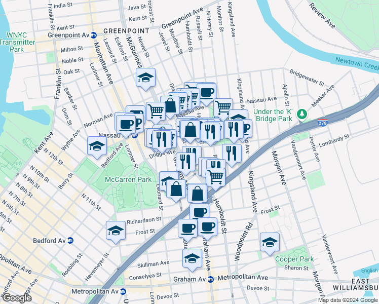 map of restaurants, bars, coffee shops, grocery stores, and more near 195 Driggs Avenue in Brooklyn