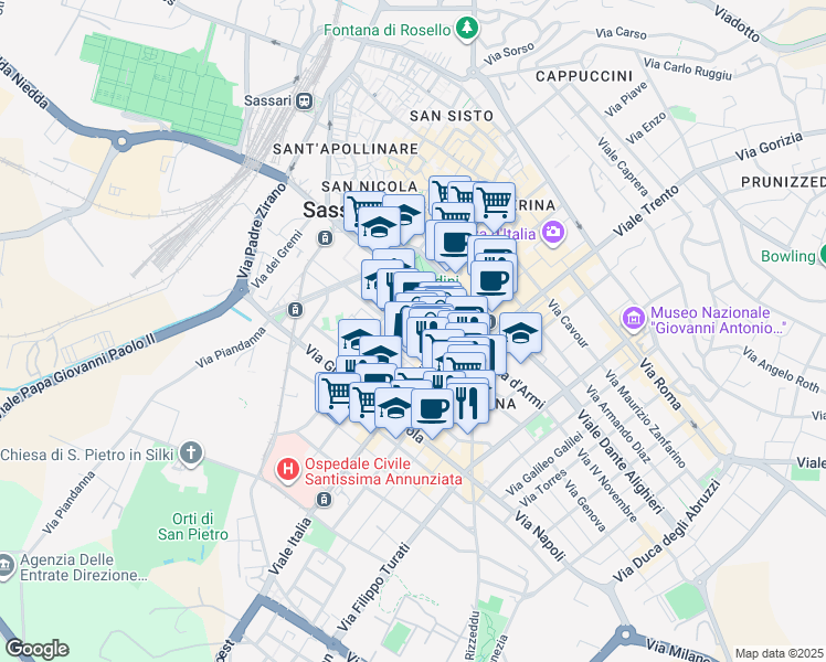 map of restaurants, bars, coffee shops, grocery stores, and more near 9 Viale Italia in Sassari
