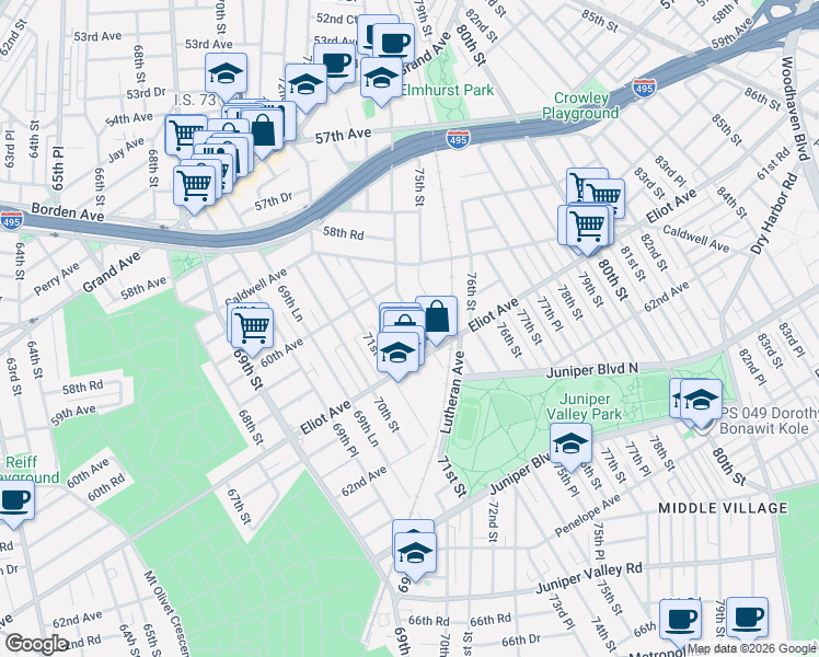 map of restaurants, bars, coffee shops, grocery stores, and more near 60-66 72nd Street in Queens