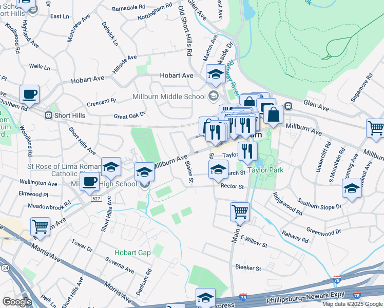 map of restaurants, bars, coffee shops, grocery stores, and more near 20 Blaine Street in Millburn