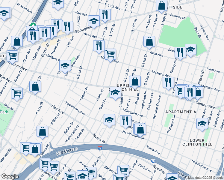 map of restaurants, bars, coffee shops, grocery stores, and more near 35 Girard Place in Newark