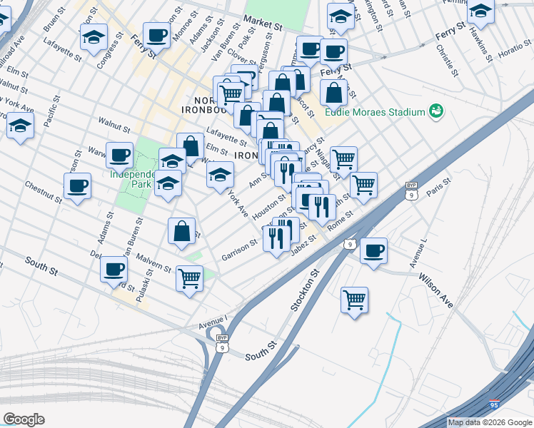 map of restaurants, bars, coffee shops, grocery stores, and more near 89 Garrison Street in Newark