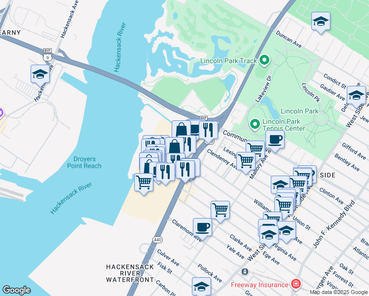 map of restaurants, bars, coffee shops, grocery stores, and more near 440 Route in Jersey City