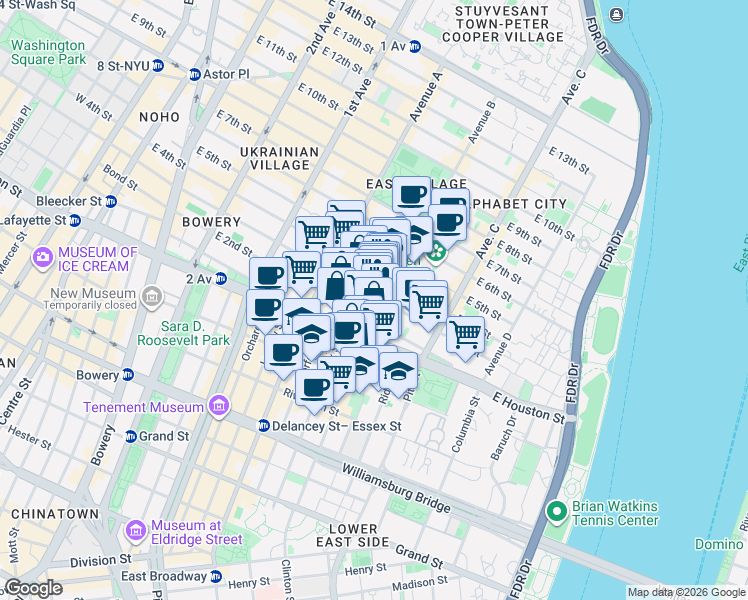map of restaurants, bars, coffee shops, grocery stores, and more near 210 East 2nd Street in New York