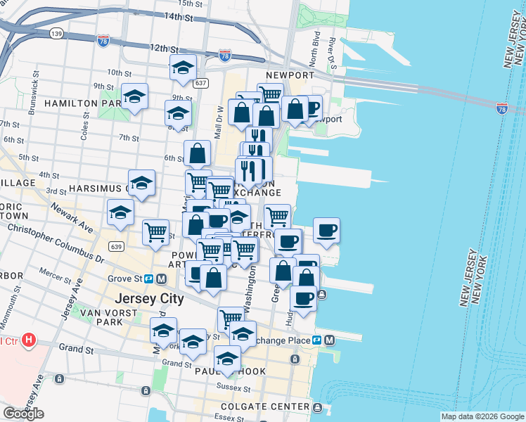 map of restaurants, bars, coffee shops, grocery stores, and more near 400 Washington Boulevard in Jersey City