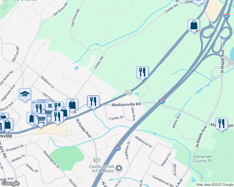 map of restaurants, bars, coffee shops, grocery stores, and more near 105 Fieldstone Drive in Basking Ridge
