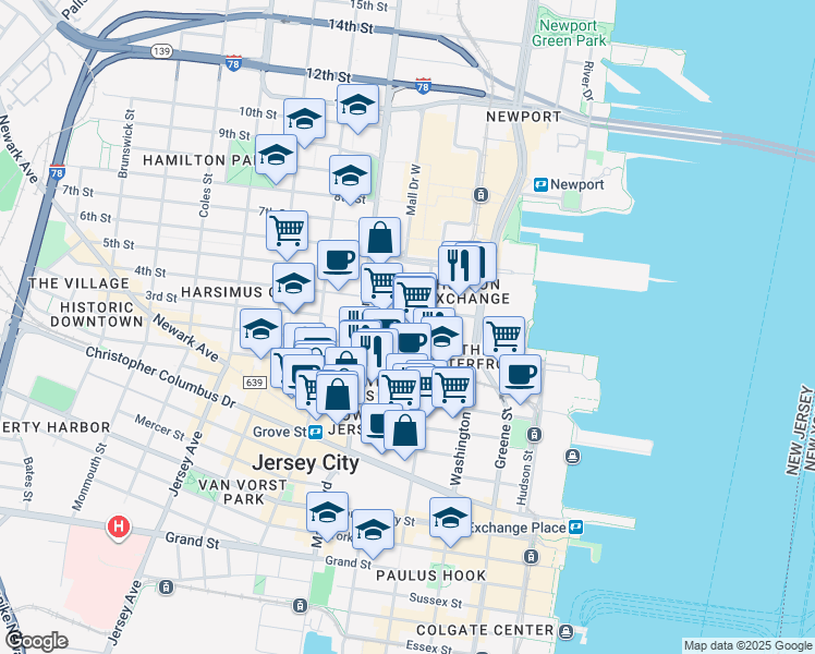 map of restaurants, bars, coffee shops, grocery stores, and more near 400 Marin Boulevard in Jersey City