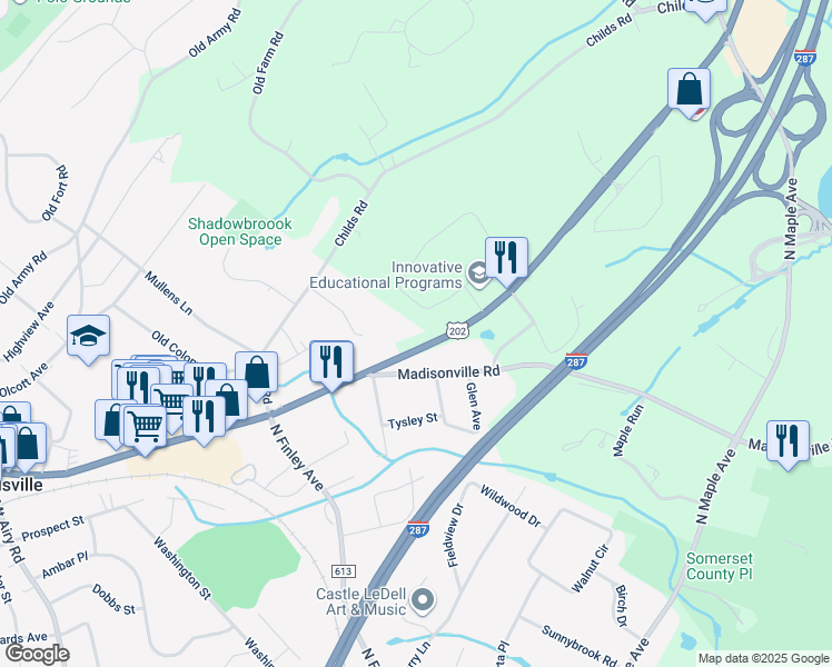 map of restaurants, bars, coffee shops, grocery stores, and more near 105 Fieldstone Drive in Basking Ridge